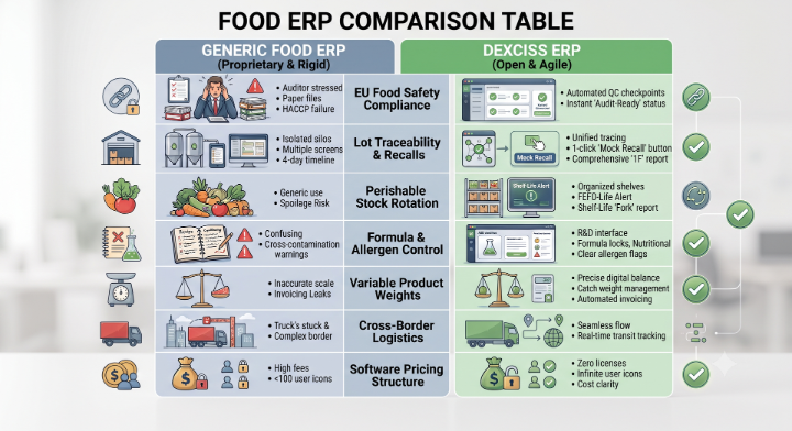 Generic v/s Dexciss Foof ERP comparison chart